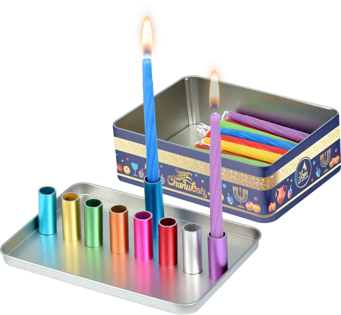 Menorah Travel Tin Set — small menorah packed inside a round tin case | Judaica Square Lakewood