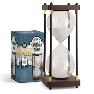 Chanukah Sand Timer Small — compact 30-minute hourglass beside a lit menorah | Judaica Square Lakewood
