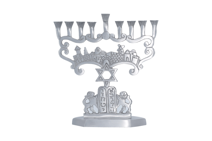 Judean Lions Aluminum Menorah — two facing lions cut into a silver aluminum backplate | Judaica Square Lakewood