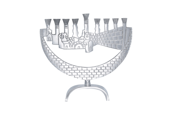 Kotel Aluminum Menorah — aluminum backplate carved with Western Wall stone courses above eight lights | Judaica Square Lakewood