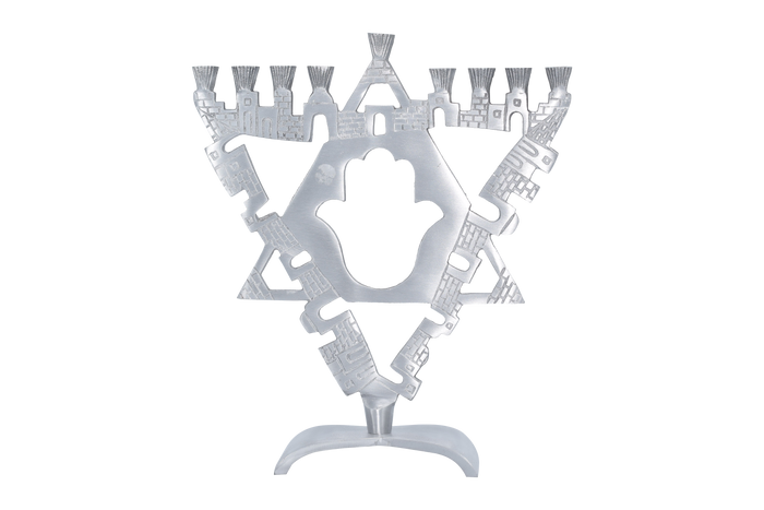 Hamsa Aluminum Menorah — silver hamsa-shaped menorah with eight candle branches | Judaica Square Lakewood