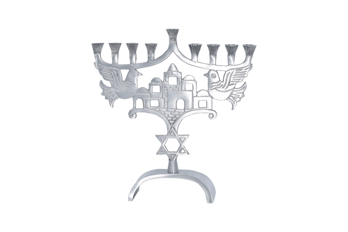 Wings of Dove Aluminum Menorah — curved dove wings holding a row of candle cups | Judaica Square Lakewood