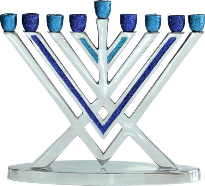 Glitter Rambam Aluminum Menorah — straight-armed Rambam menorah in glittered aluminum | Judaica Square Lakewood