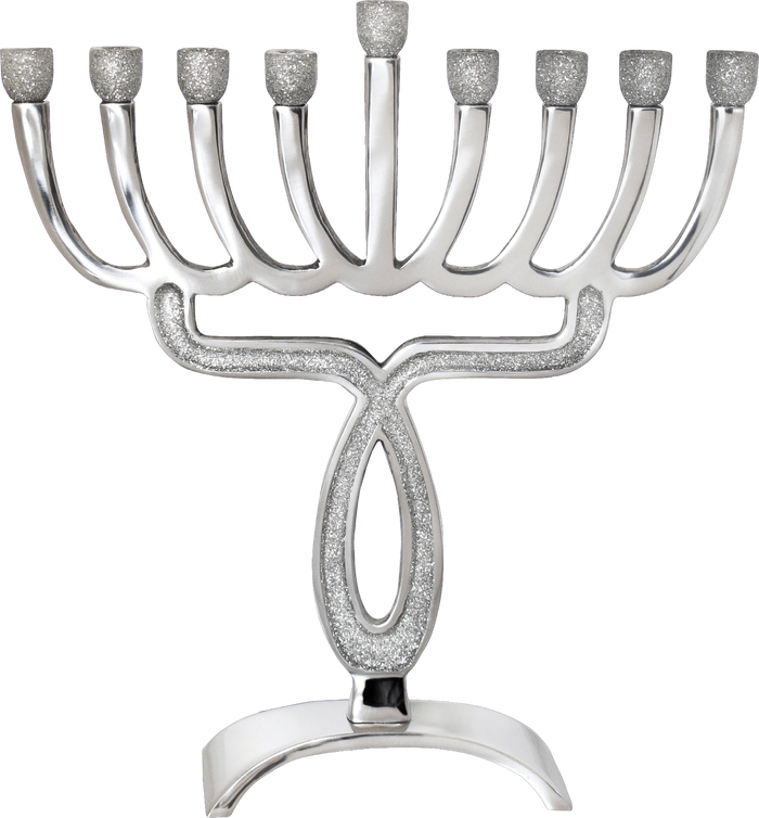 Aluminum Glitter Menorah, Silver — sparkling silver aluminum menorah | Judaica Square Lakewood