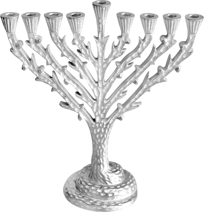 Hammered Silvertone Tree of Life Menorah — textured aluminum tree with branch candle holders | Judaica Square Lakewood