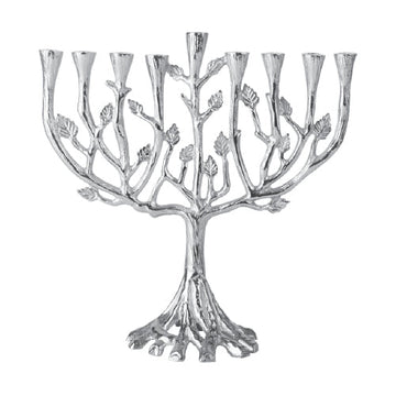 Tree of Life Menorah with Silvertone Leaves — branching menorah with silver leaf detail | Judaica Square Lakewood