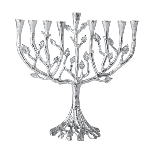 Tree of Life Menorah with Silvertone Leaves — branching menorah with silver leaf detail | Judaica Square Lakewood