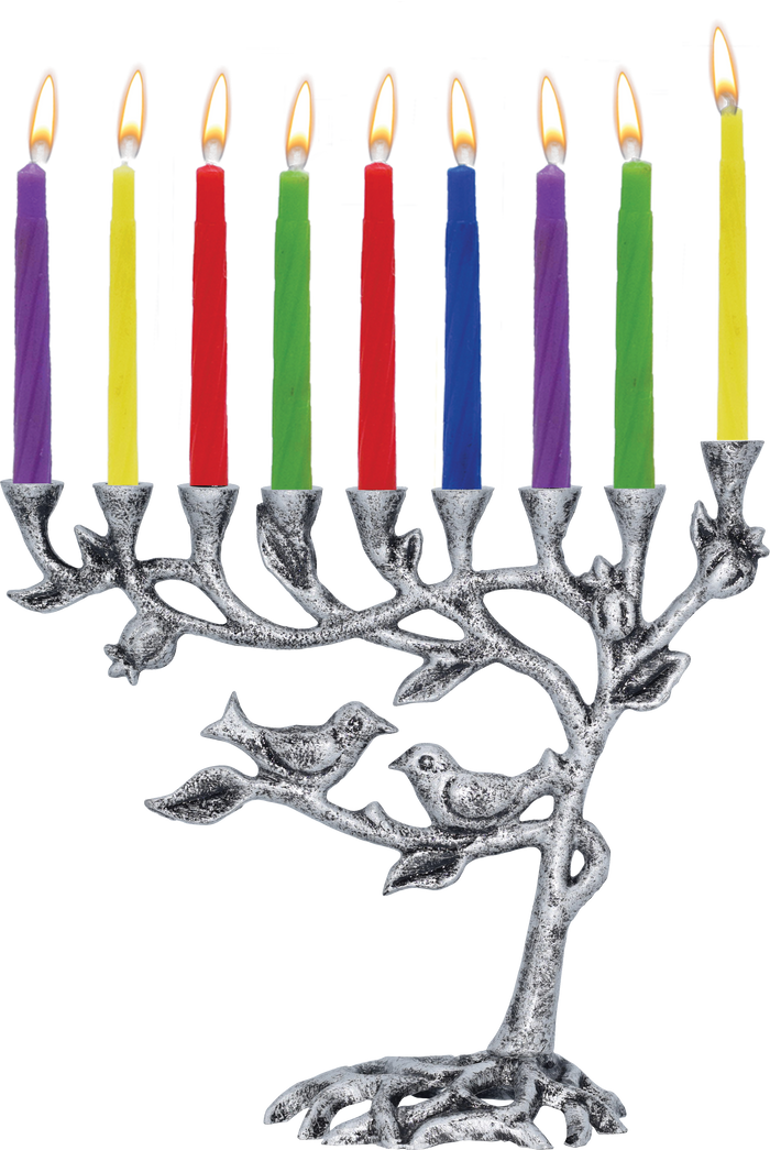 Antique Tree of Life Menorah, Silver — silver aluminum tree menorah with eight branches | Judaica Square Lakewood