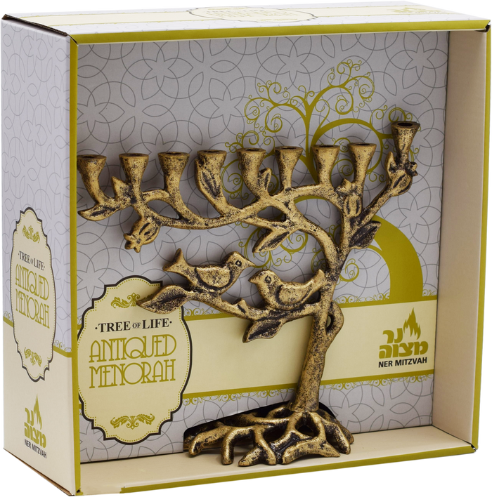 Antique Tree of Life Menorah, Gold — branching gold aluminum menorah with raised shamash | Judaica Square Lakewood