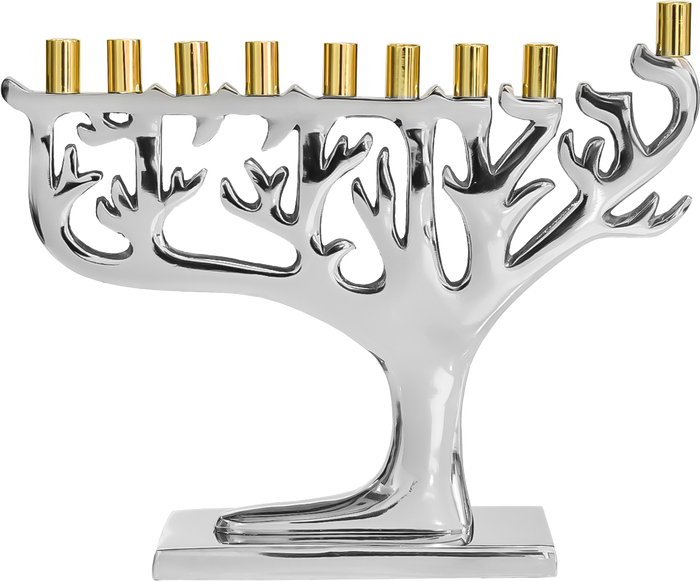 Silvertone Tree of Life Menorah — compact 10 by 8 inch silver menorah with gold tips | Judaica Square Lakewood
