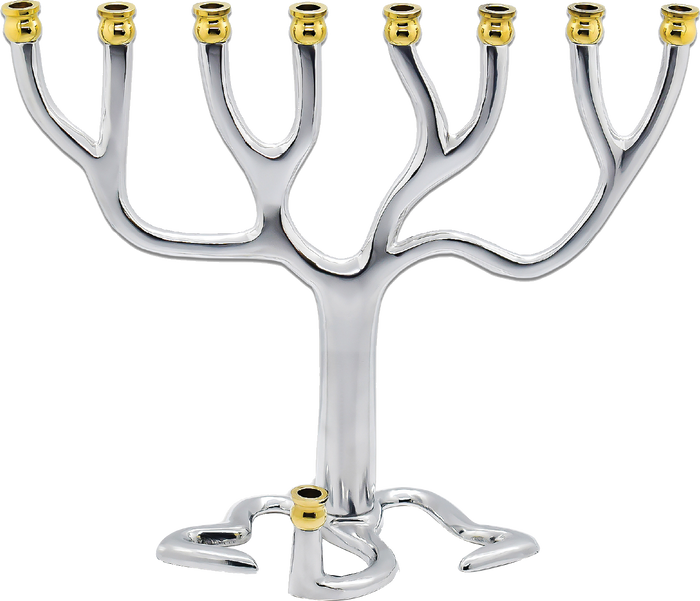 Silvertone Tree of Life Candle Menorah — branching silver menorah with gold candle cups | Judaica Square Lakewood