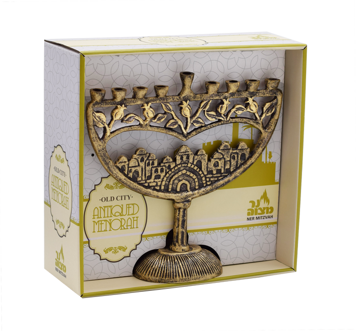 Antique Old City Menorah, Gold — antiqued gold Jerusalem-motif menorah | Judaica Square Lakewood