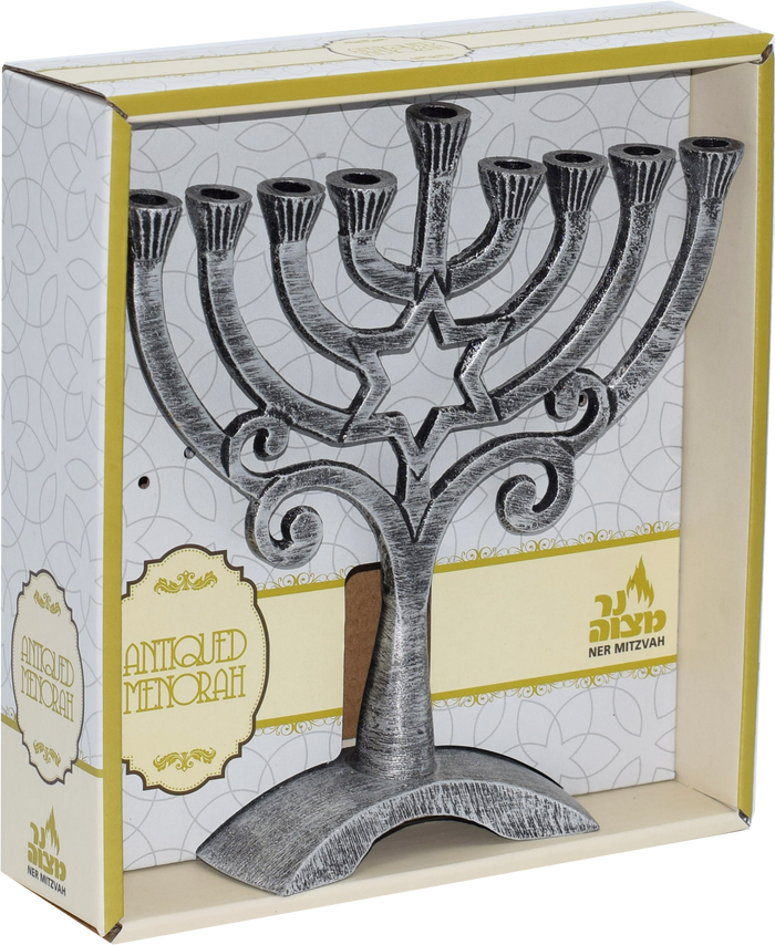 Antique Silver 7" Menorah — small antique-silver aluminum menorah in a straight row | Judaica Square Lakewood