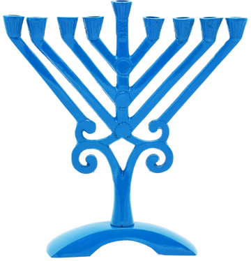 Kids' Blue Rambam-Style Menorah — small blue menorah with straight diagonal arms | Judaica Square Lakewood
