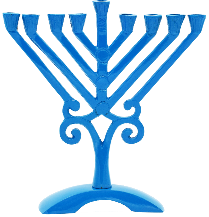 Kids' Blue Rambam-Style Menorah — small blue menorah with straight diagonal arms | Judaica Square Lakewood