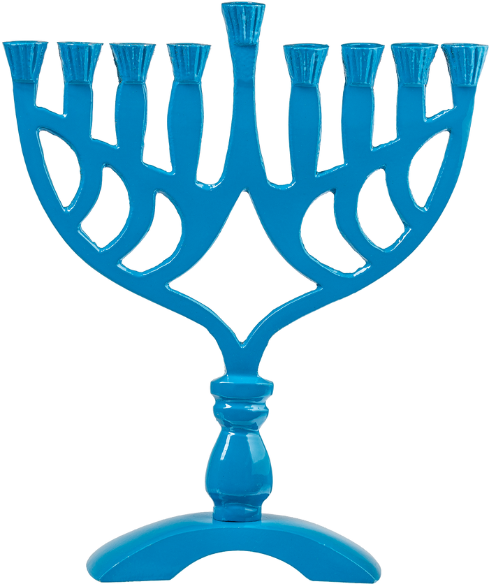 Blue Colored 7½" Menorah — larger blue menorah with eight lights and raised shamash | Judaica Square Lakewood
