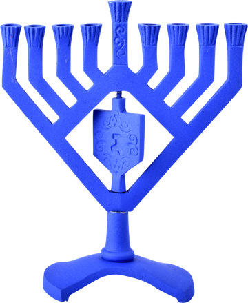 Spinning Dreidel Menorah Blue — blue nine-light menorah with turning dreidel | Judaica Square Lakewood