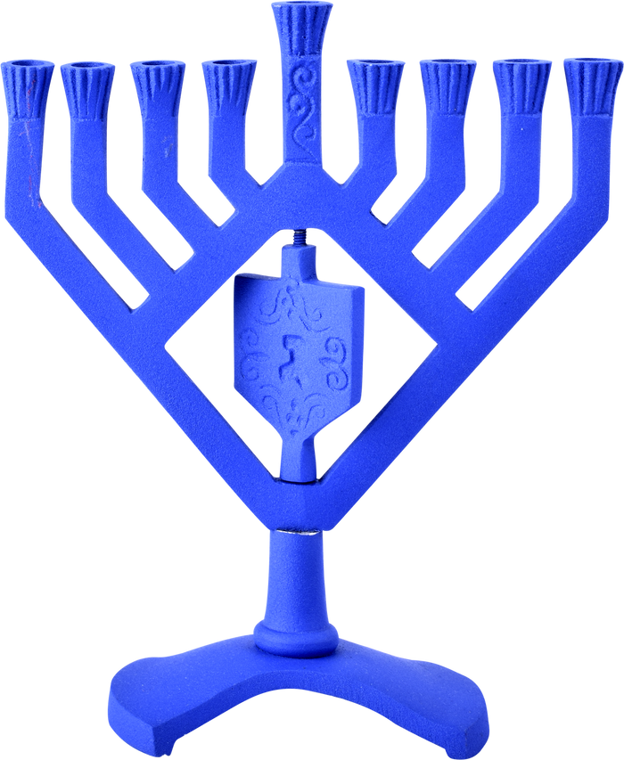 Spinning Dreidel Menorah Blue — blue nine-light menorah with turning dreidel | Judaica Square Lakewood