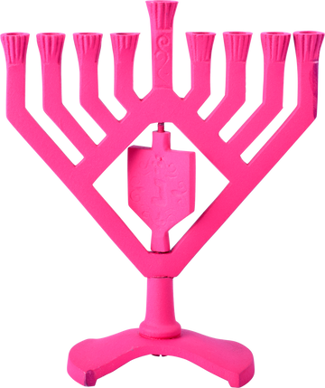 Spinning Dreidel Menorah Pink — pink menorah with a spinning dreidel centre | Judaica Square Lakewood
