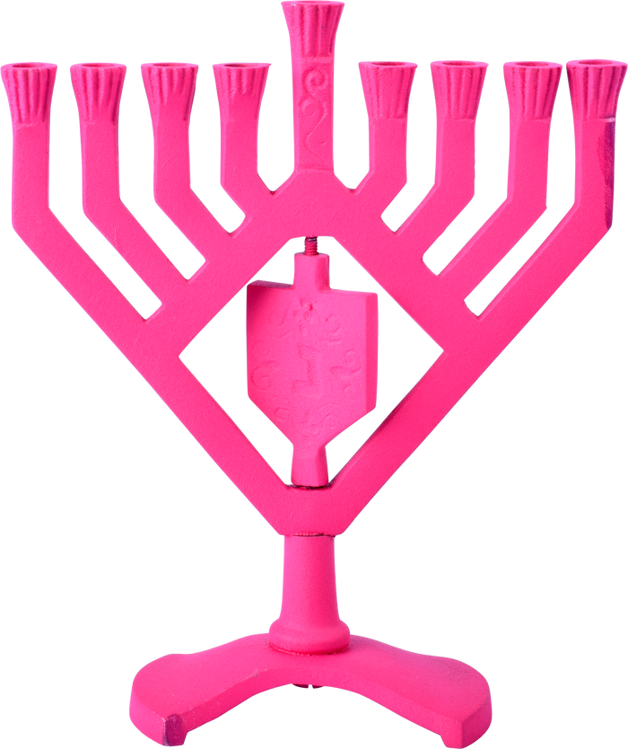Spinning Dreidel Menorah Pink — pink menorah with a spinning dreidel centre | Judaica Square Lakewood