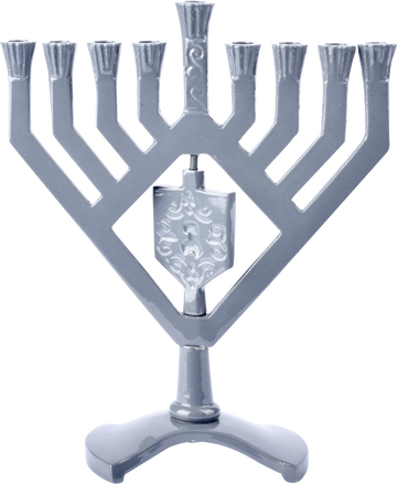 Spinning Dreidel Menorah Gray — gray nine-light menorah with a turning dreidel | Judaica Square Lakewood