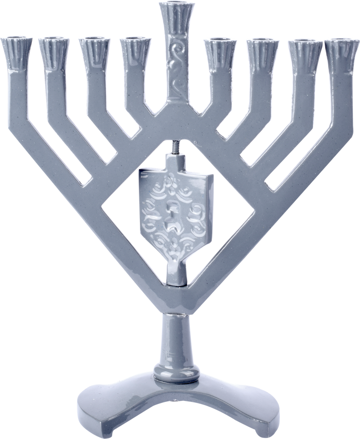 Spinning Dreidel Menorah Gray — gray nine-light menorah with a turning dreidel | Judaica Square Lakewood