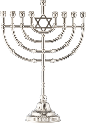 Traditional Menorah, Silvertone Finish — nine-inch branched menorah in bright silvertone