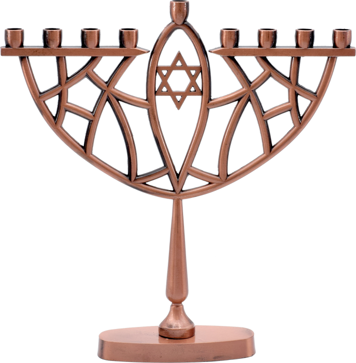 Prismatic Menorah, Copper-Plated — faceted copper-toned aluminum menorah with eight candle holders and a raised shamash | Judaica Square Lakewood