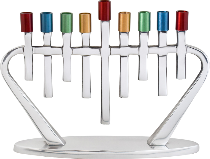 Colorful Aluminum Menorah — eight-branch aluminum menorah in a bright multicolor finish | Judaica Square Lakewood