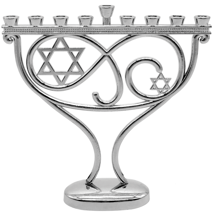 Whimsical Menorah Silvertone Finish — sculpted aluminum menorah with curving branches | Judaica Square Lakewood