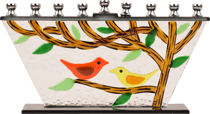 Hand-Crafted Glass Menorah Tree of Life Birds — art glass menorah with birds in branches | Judaica Square Lakewood