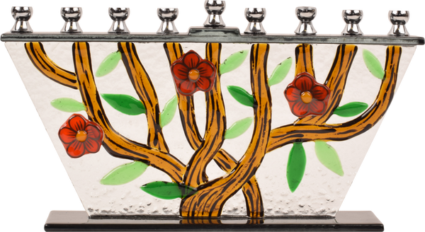 Hand Crafted Glass Menorah - Tree of Life - Flowers — Judaica Square