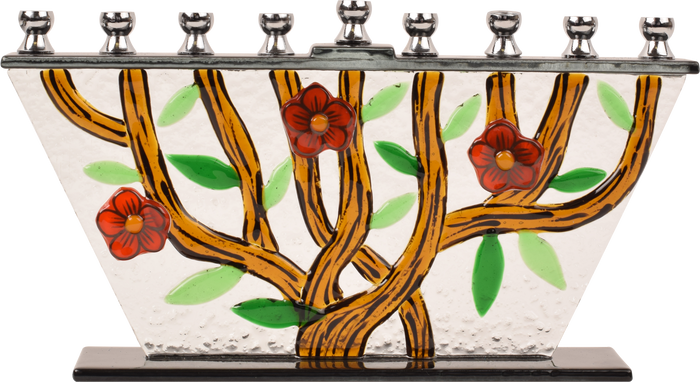 Hand-Crafted Glass Menorah Tree of Life Flowers — floral art glass menorah | Judaica Square Lakewood