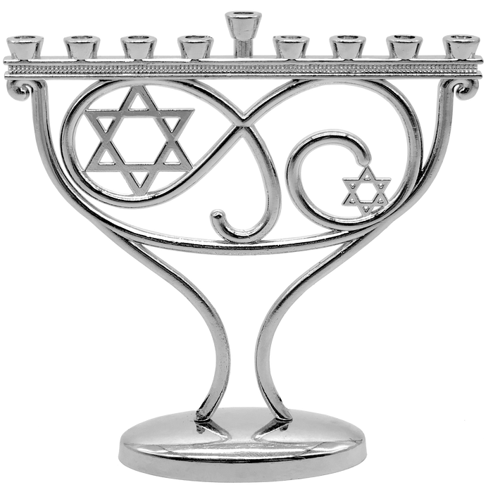 Mini Whimsical Menorah Chrome Plated — small chrome menorah with curved branches | Judaica Square Lakewood