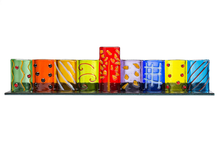 Hand-Crafted Glass Tealight Menorah — wide 20-inch colored glass tealight menorah | Judaica Square Lakewood