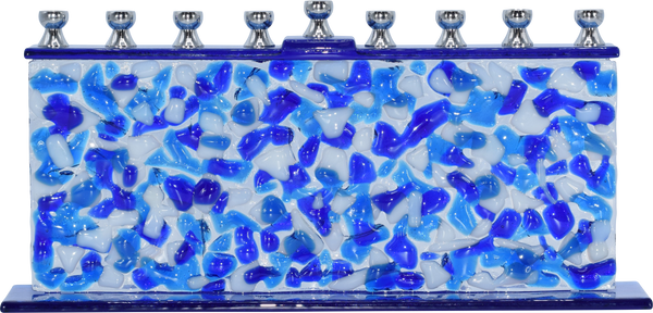 Hand Crafted Glass Menorah - Confetti Blue & White — Judaica Square