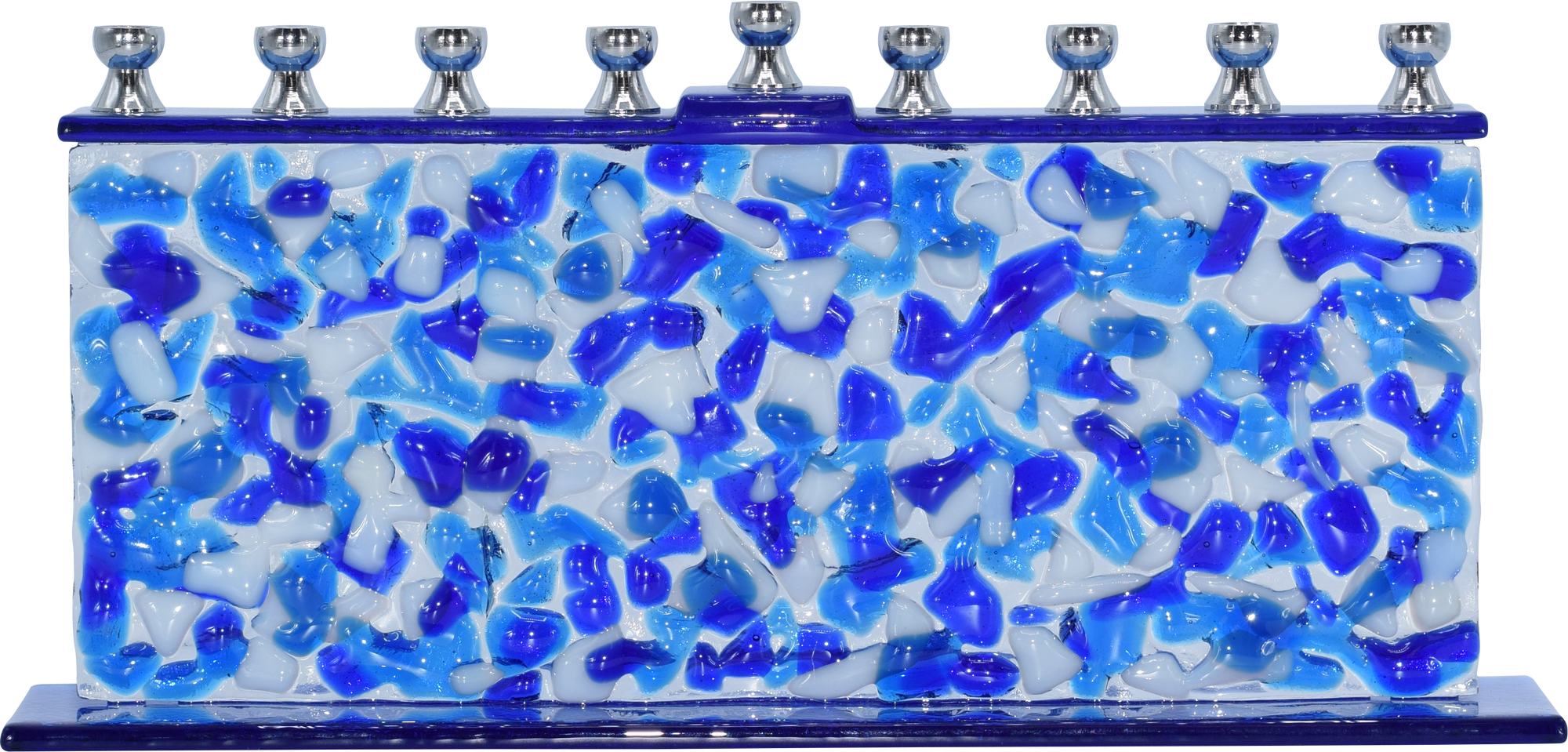 Hand Crafted Glass Menorah - Confetti Blue & White — Judaica Square