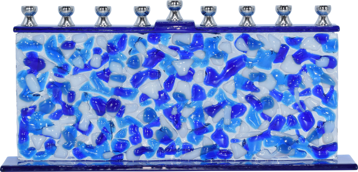 Hand-Crafted Glass Menorah Confetti Blue & White — blue and white flecked art glass menorah | Judaica Square Lakewood