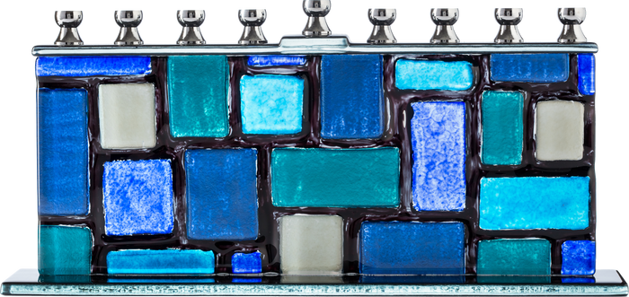 Hand-Made Glass Menorah, The Wall — glass menorah shaped like Kosel stone courses | Judaica Square Lakewood