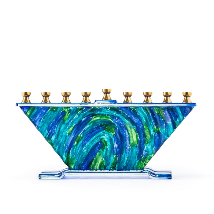 Hand-Crafted Glass Menorah, Van Gogh Style — swirling blue and gold glass | Judaica Square Lakewood