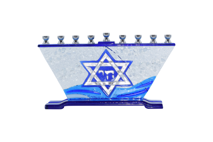 Hand-Crafted Glass Menorah, Star of David — magen David worked into colored glass | Judaica Square Lakewood