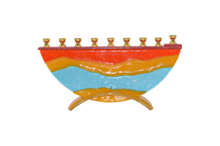 Hand-Crafted Glass Menorah Desert Miracles — warm-toned art glass menorah | Judaica Square Lakewood