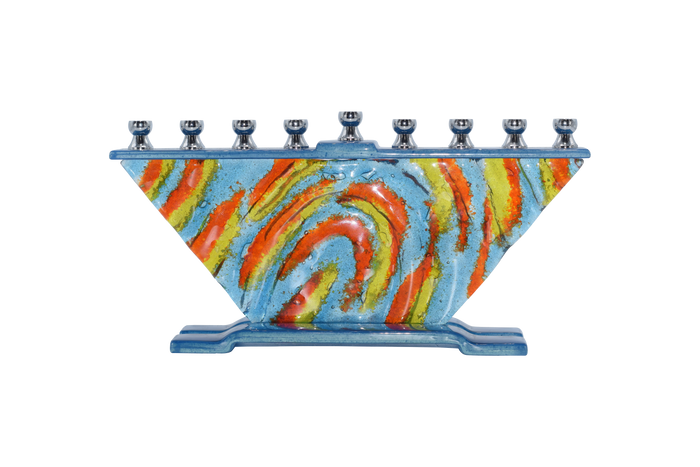 Hand-Crafted Glass Menorah, Winds of Inspiration — curved ribbons of colored glass | Judaica Square Lakewood