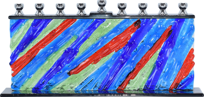 Hand-Crafted Glass Menorah, Forever Young — brightly colored art glass menorah | Judaica Square Lakewood
