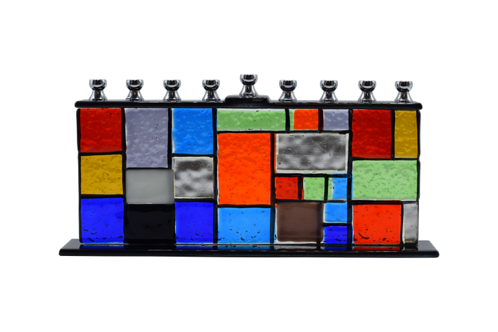 Hand-Crafted Glass Menorah, Walls of Unity — stacked glass blocks in a wall pattern | Judaica Square Lakewood