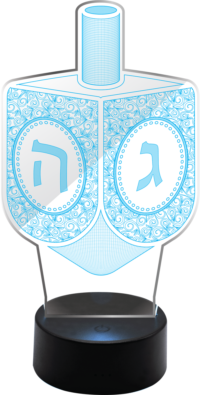 Light-Up Acrylic Dreidel — clear dreidel glowing from within mid-spin on a dark surface | Judaica Square Lakewood