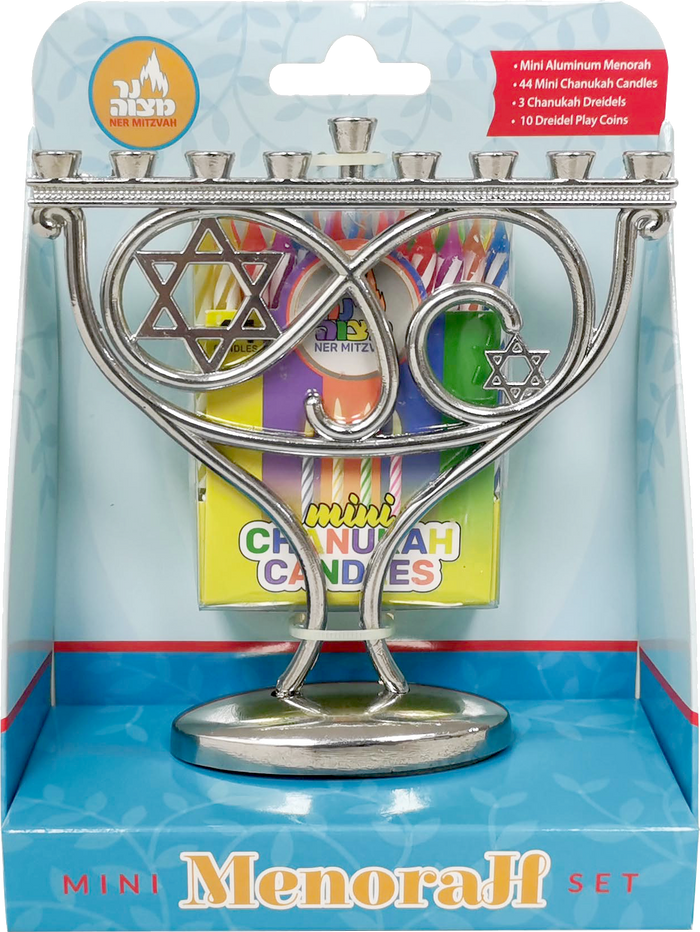 Mini Candle Menorah Set — small silver-plated menorah with colored candles and dreidels | Judaica Square Lakewood