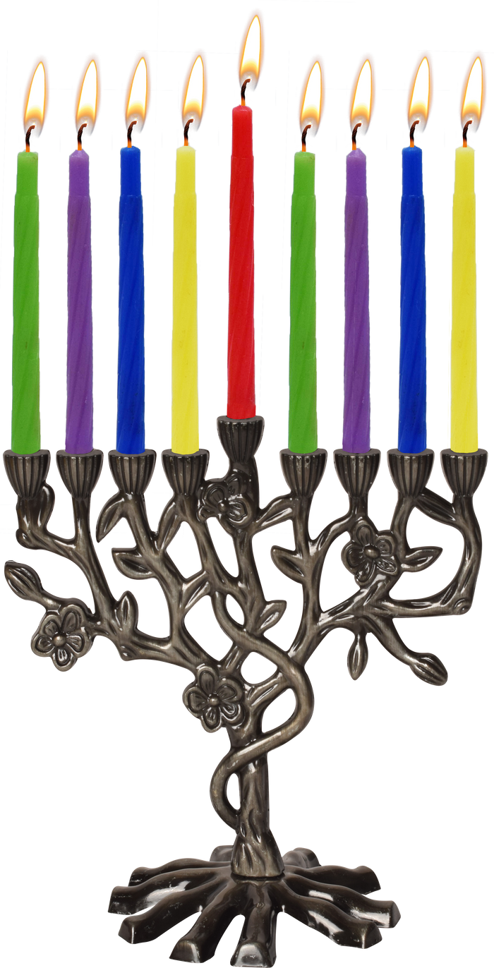 Small Candle Menorah Set — compact silver-plated menorah with colored candles on a windowsill | Judaica Square Lakewood