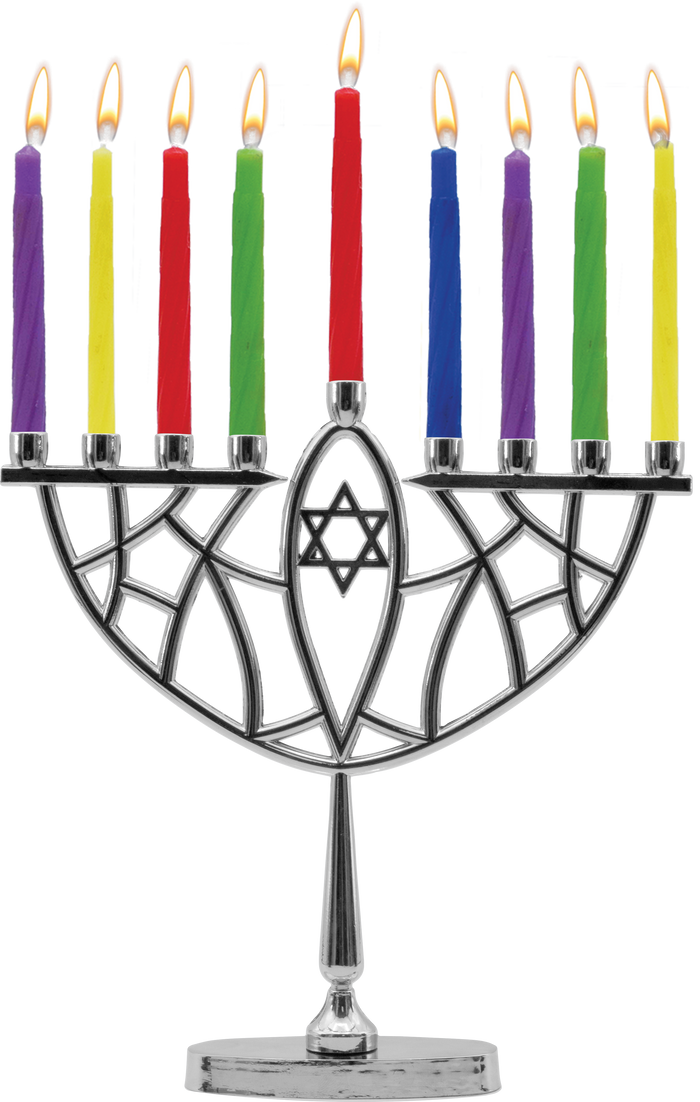Chrome Prismatic Candle Menorah Set — faceted silver menorah with colored candles, dreidels and gelt | Judaica Square Lakewood