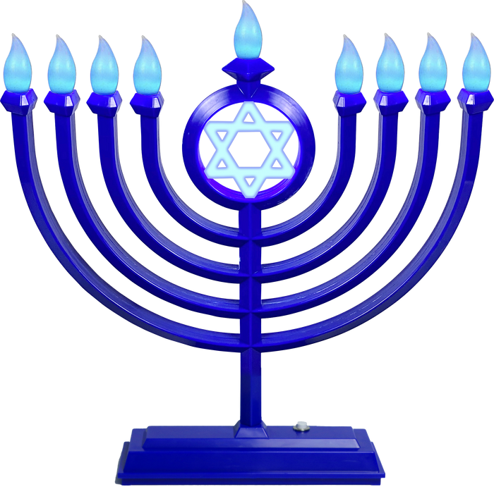 Classic LED Menorah in Blue — traditional branched electric menorah lit in blue | Judaica Square Lakewood
